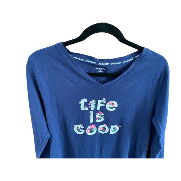 Life Is Good Women Size XL Long Sleeve Tshirt Tee Shirt Floral VNeck Navy Blue - Picture 2 of 4